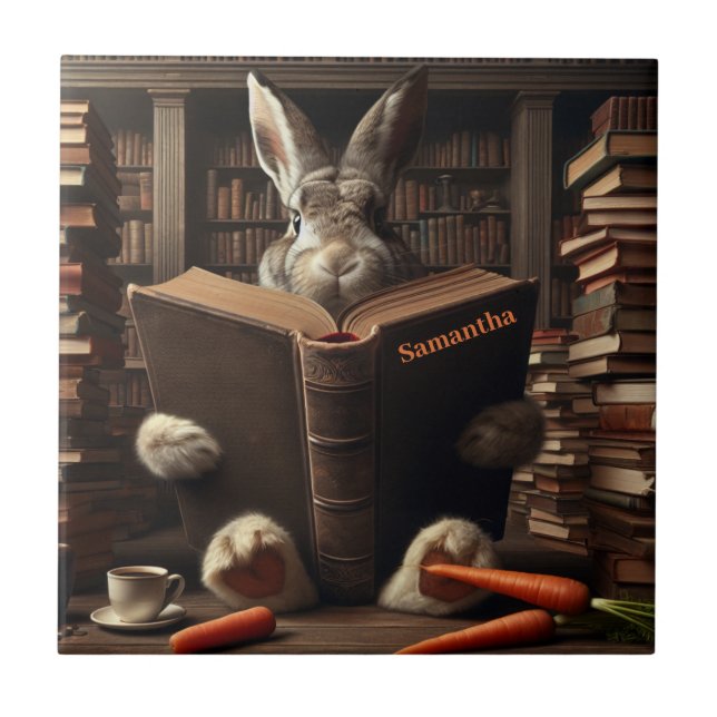 Brown Hare reading in library. Editable name Tile (Front)