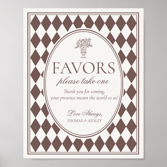 Brown Harlequin Checkered Wedding Favors Sign (Front)