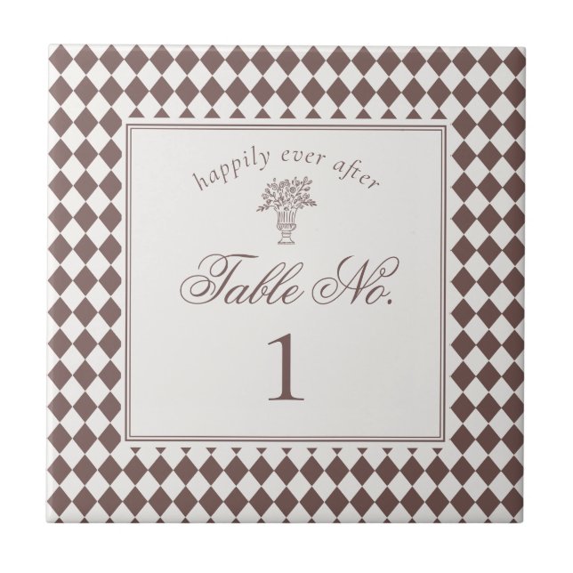 Brown Harlequin Checkered Wedding Table Number Tile (Front)