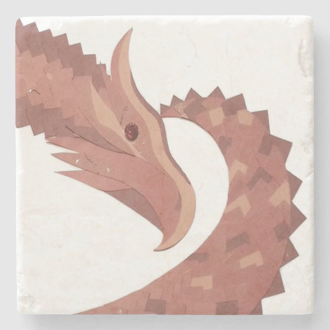 Brown heart dragon on white stone coaster (Front)