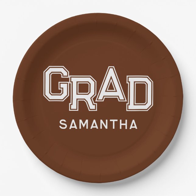 Brown High School Grad Custom Name Graduation Paper Plate (Front)