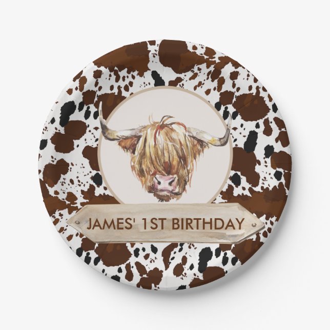 Brown Highland Cow Cow Print Birthday Party  Paper Plate (Front)
