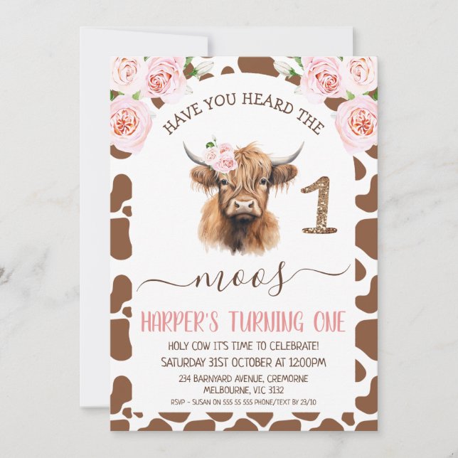 Brown Highland Cow Heard the Moos 1st Birthday Invitation (Front)