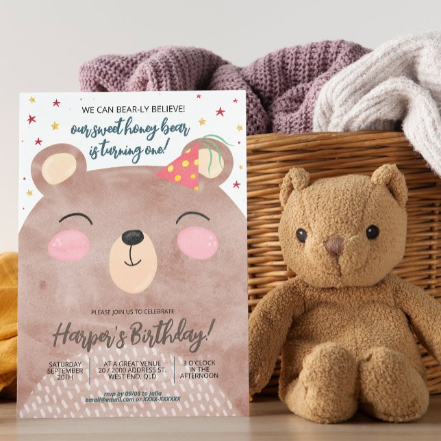 Brown Honey Bear Birthday  Invitation (You can create plenty of honey for the big day with our bear birthday invitation!)