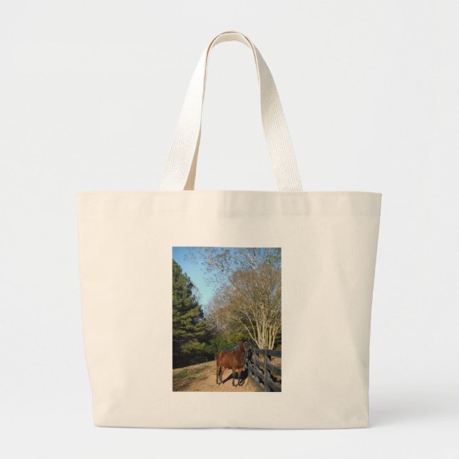 Brown Horse against a Fence Large Tote Bag (Front)