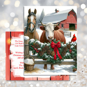 Brown Horse and Cow Christmas Farm Postcard