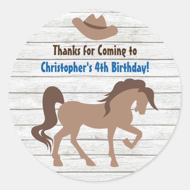 Brown Horse and Cowboy Hat Western Birthday Classic Round Sticker (Front)