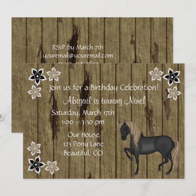 Brown Horse and Flowers, Faux Barn Wood Birthday Invitation (Front/Back)