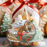 Brown Horse, Bows and Barns Rustic Christmas Classic Round Sticker<br><div class="desc">A pretty brown horse with a red bow on his neck standing behind an old rustic wood fence filled with pine branch garlands with a snowy background and vintage old red barn.  Pretty to use as Christmas card seals.</div>