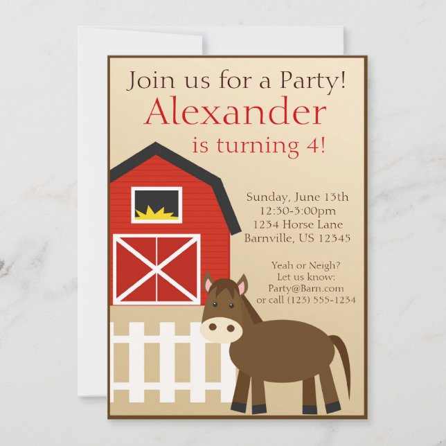 Brown Horse Farm Animal Birthday Party Invite (Front)