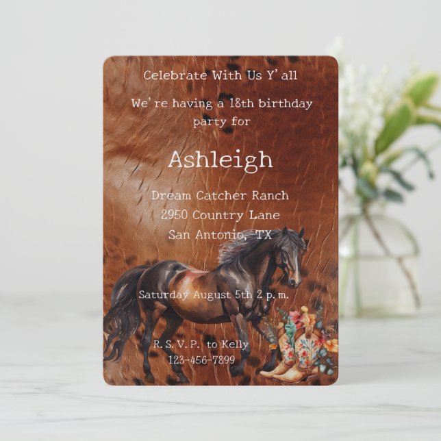 Brown Horse Floral Cowgirl Boots Birthday Invitation (Standing Front)