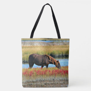 Brown Horse Grazing by Water Meadow Tote Bag