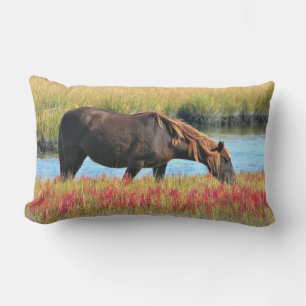 Brown Horse Grazing by Water Outdoor Art Cushion