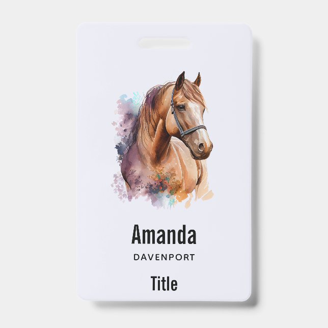 Brown Horse Head Portrait in Watercolor ID Badge (Front)