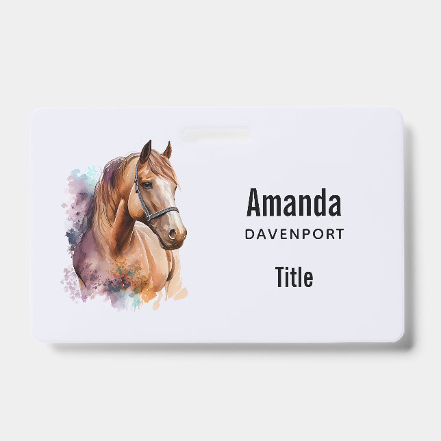  Brown Horse Head Portrait in Watercolor ID Badge (Front)