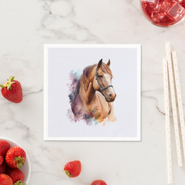 Brown Horse Head Portrait in Watercolor Napkin (Insitu)