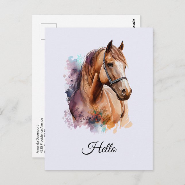 Brown Horse Head Portrait in Watercolor Postcard (Front/Back)