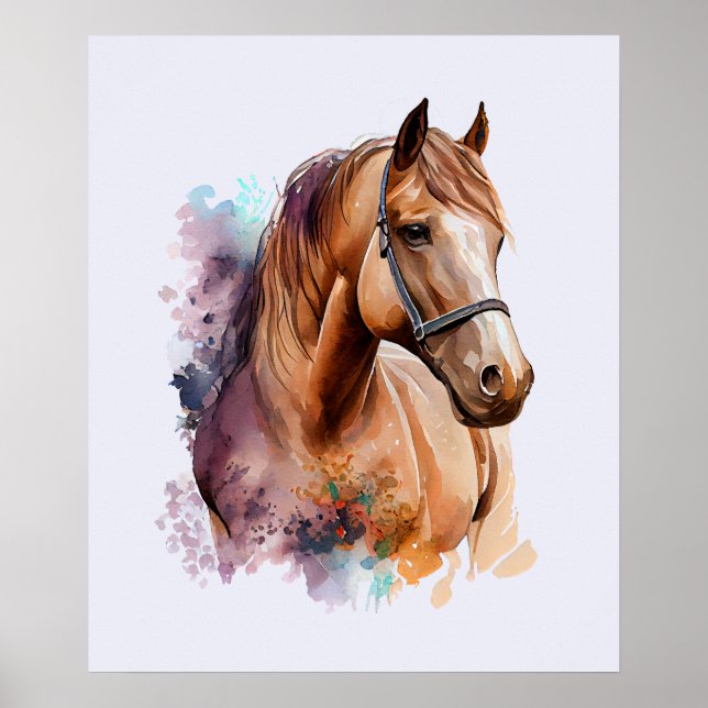 Brown Horse Head Portrait in Watercolor Poster (Front)
