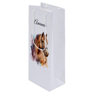 Brown Horse Head Portrait in Watercolor Wine Gift Bag