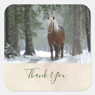 Brown Horse in a Forest in Winter Scenic Thank You Square Sticker