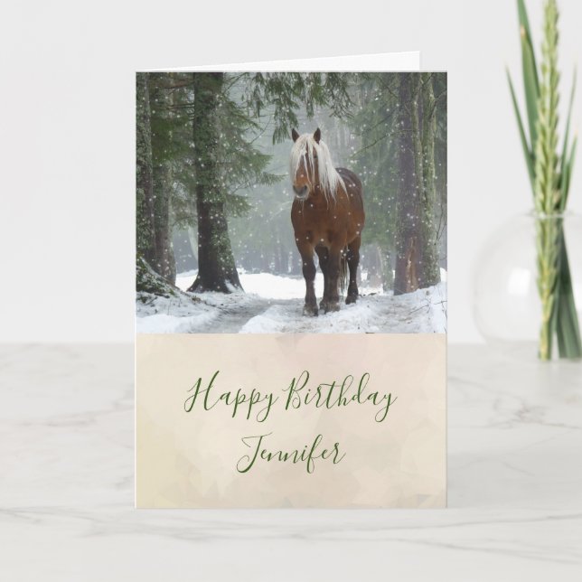 Brown Horse in a Forest with Snow Falling Birthday Card (Front)