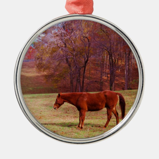 Brown horse in a grass field metal tree decoration (Front)