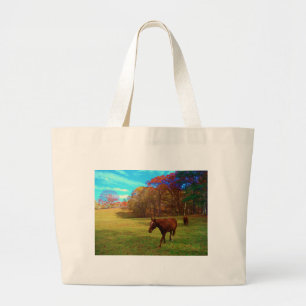 Brown Horse in a Rainbow coloured field Large Tote Bag