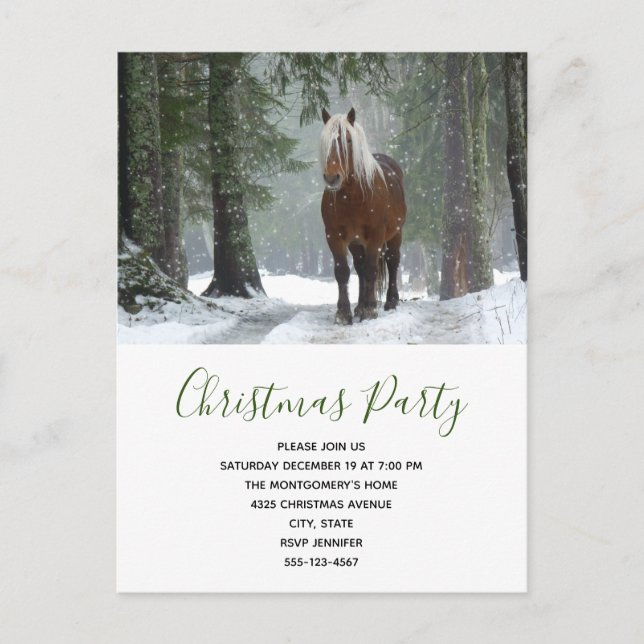 Brown Horse in a Winter Forest Christmas Party Invitation Postcard (Front)