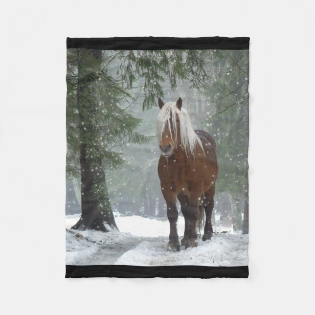 Brown Horse in a Winter Forest with Snow Falling Fleece Blanket (Front)