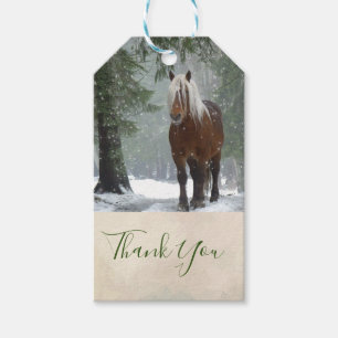 Brown Horse in a Winter Forest with Snow Falling Gift Tags