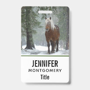 Brown Horse in a Winter Forest with Snow Falling ID Badge