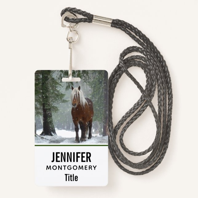 Brown Horse in a Winter Forest with Snow Falling ID Badge (Front with Lanyard)