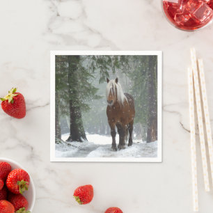 Brown Horse in a Winter Forest with Snow Falling Napkin