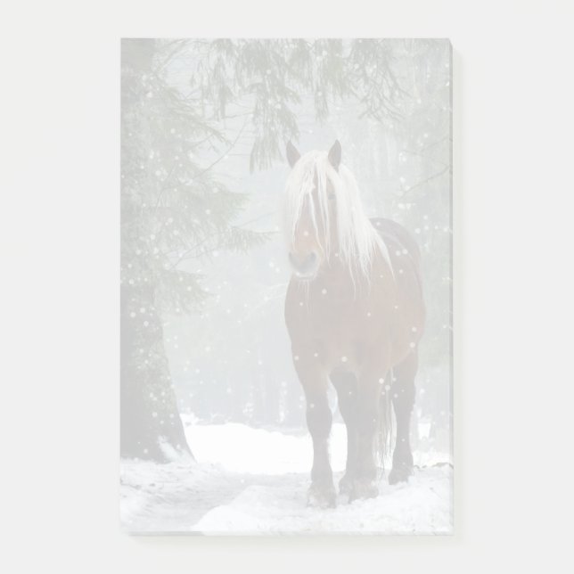 Brown Horse in a Winter Forest with Snow Falling Post-it Notes (Front)