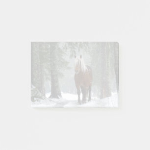 Brown Horse in a Winter Forest with Snow Falling Post-it Notes