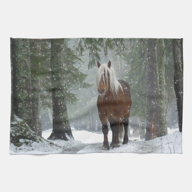 Brown Horse in a Winter Forest with Snow Falling Tea Towel (Horizontal)