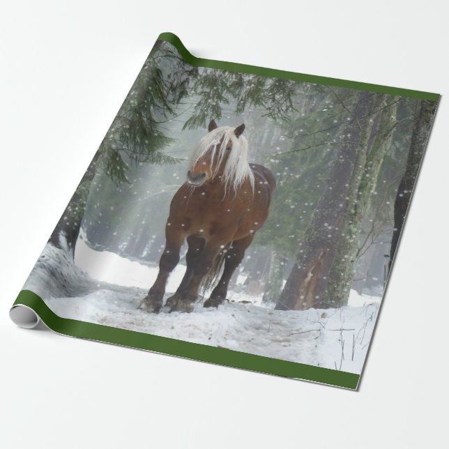 Brown Horse in a Winter Forest with Snow Falling Wrapping Paper (Unrolled)