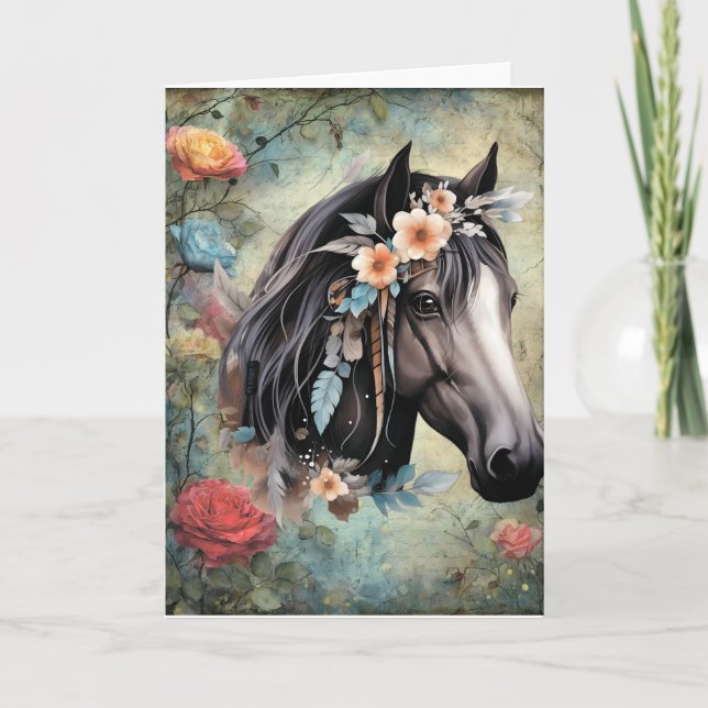  Brown horse in flowers. Note Card (Front)