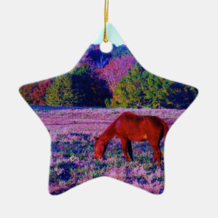 Brown horse in Purple Grass Ceramic Tree Decoration