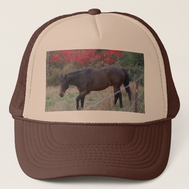 Brown horse in the red autumn trees trucker hat (Front)