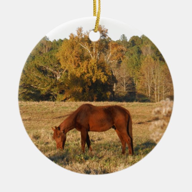 Brown horse in  yellow tree field ceramic tree decoration (Front)