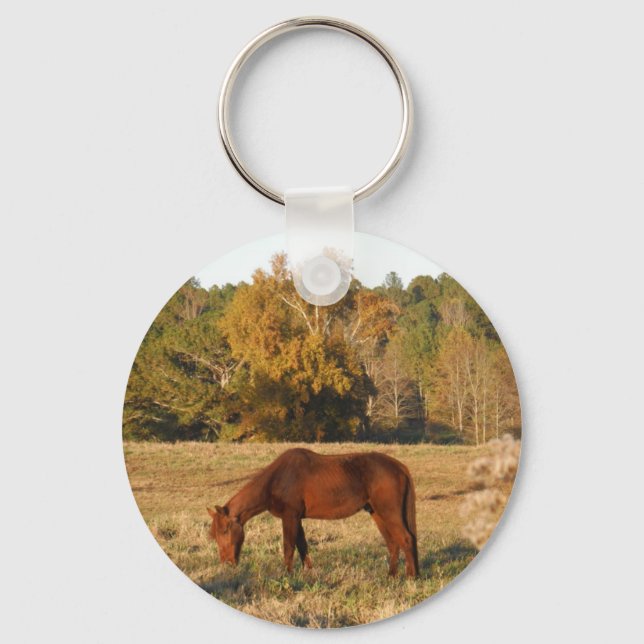 Brown horse in  yellow tree field key ring (Front)