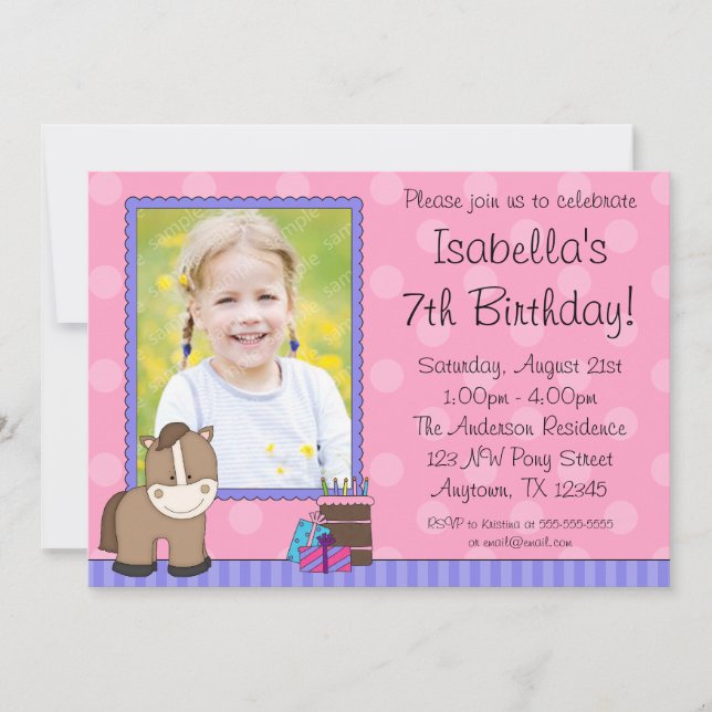 Brown Horse Pink Polka Dots Photo Birthday Party Invitation (Front)