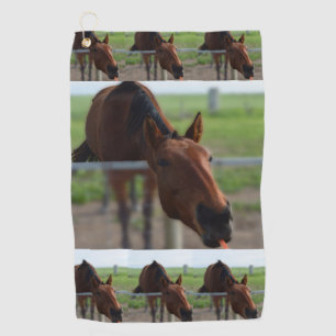 Brown Horse Reaching For A Carrot, Golf Towel