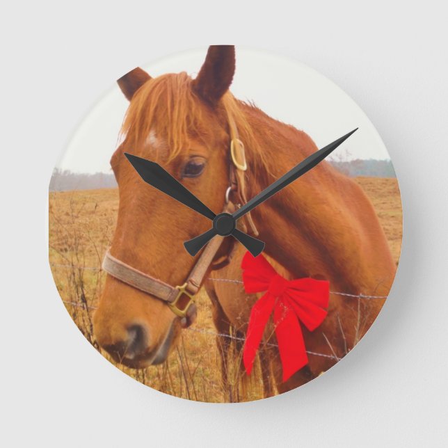 Brown horse Red Bow Round Clock (Front)