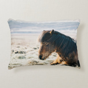 BROWN HORSE SITTING ON GRASS NEAR BEACH DECORATIVE CUSHION