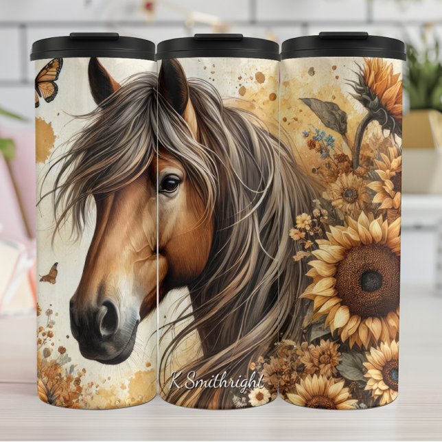 Brown Horse Sunflower Butterfly Serenity Thermal Tumbler (Creator Uploaded)
