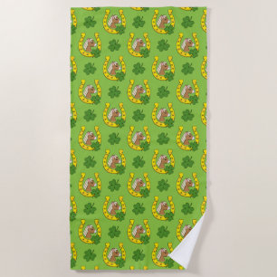 Brown Horse w Golden Horse Shoe, Shamrock Pattern Beach Towel