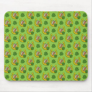 Brown Horse w Golden Horse Shoe, Shamrock Pattern Mouse Pad