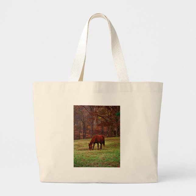 Brown Horse w/ White Nose at Woods Edge Large Tote Bag (Front)